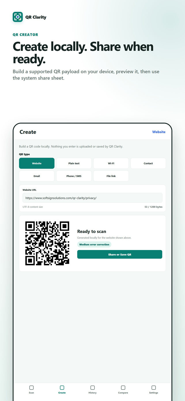 QR Clarity Create screen for making a QR code locally