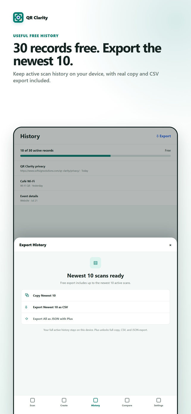 QR Clarity History screen with free newest-10 copy and CSV actions