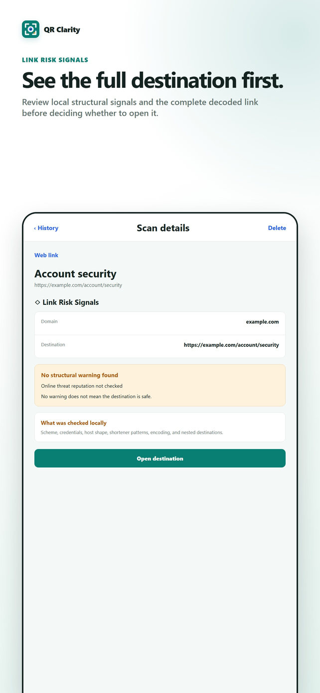 QR Clarity Link Risk Signals screen showing local structural checks