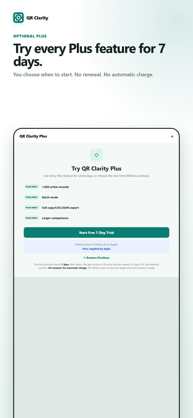 QR Clarity Plus screen with expanded history and export features