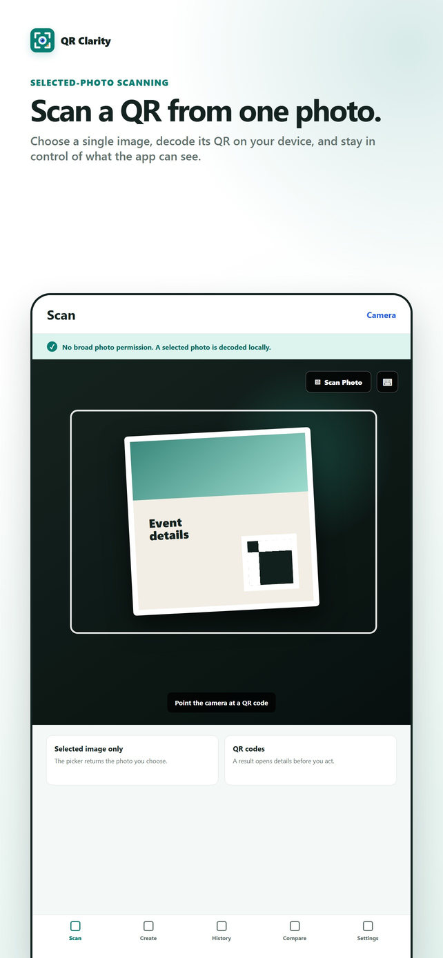 QR Clarity Scan Photo screen decoding a selected photo on iPhone